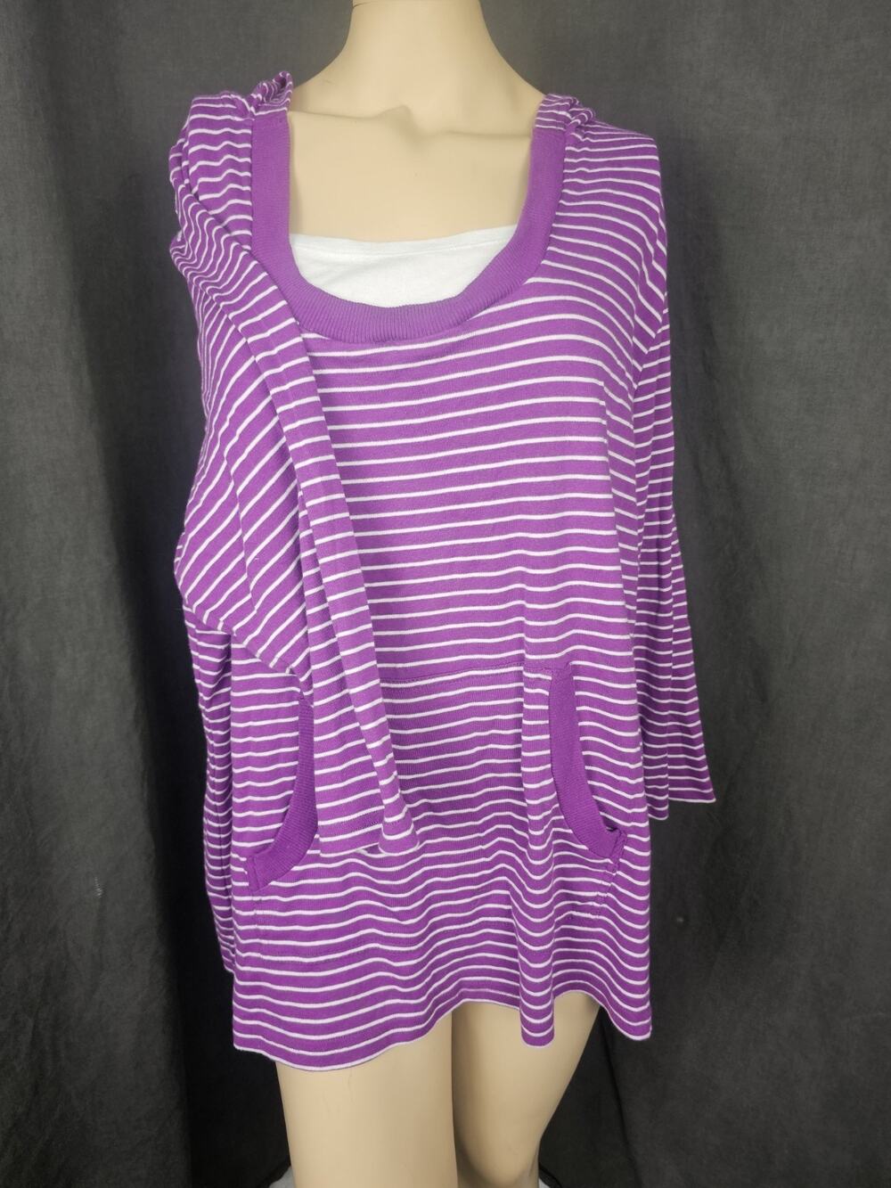Basic Editions Woman 2X Purple White Striped Hoodie Tunic Sweater Pocket Cotton